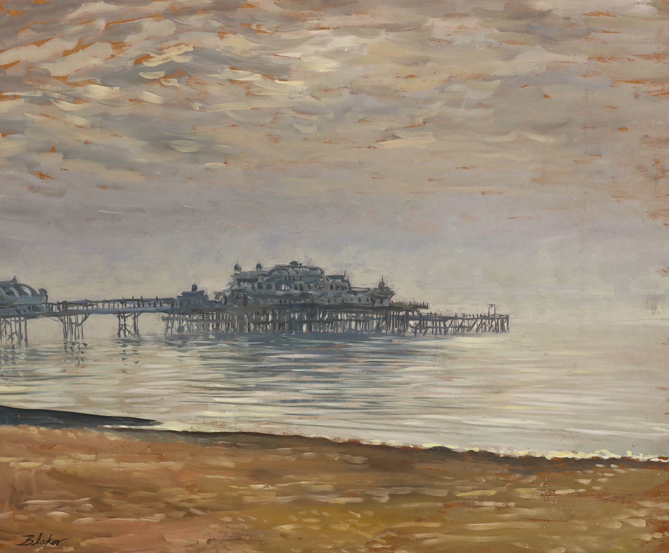 Michael Blaker (1928-2018), two oils on board, 'West Pier, Brighton' and 'View along the beach towards Shoreham', signed, 51 x 61cm, unframed
